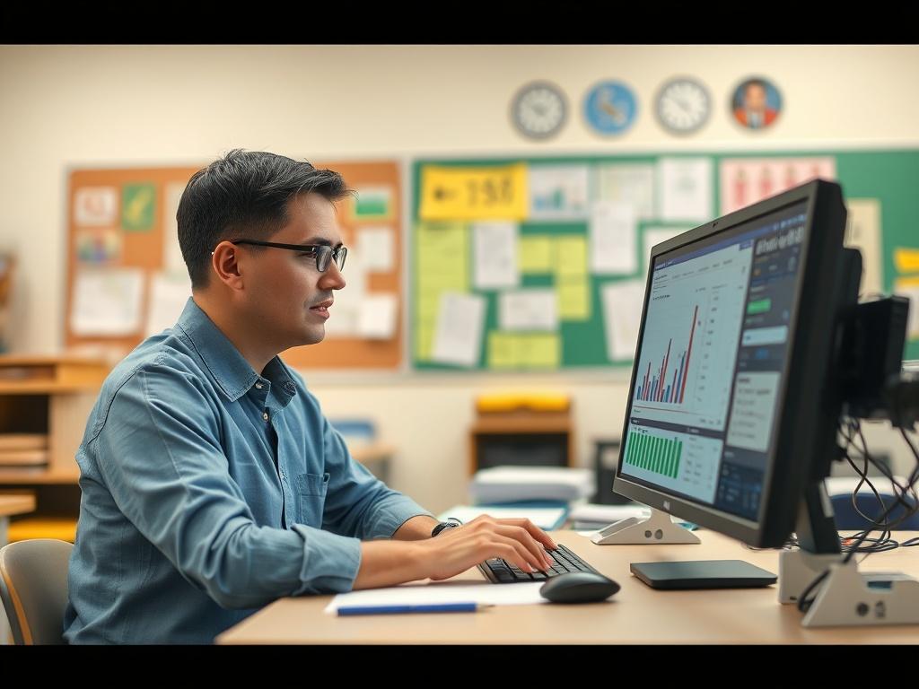 A high resolution image of a teacher reviewing student performance